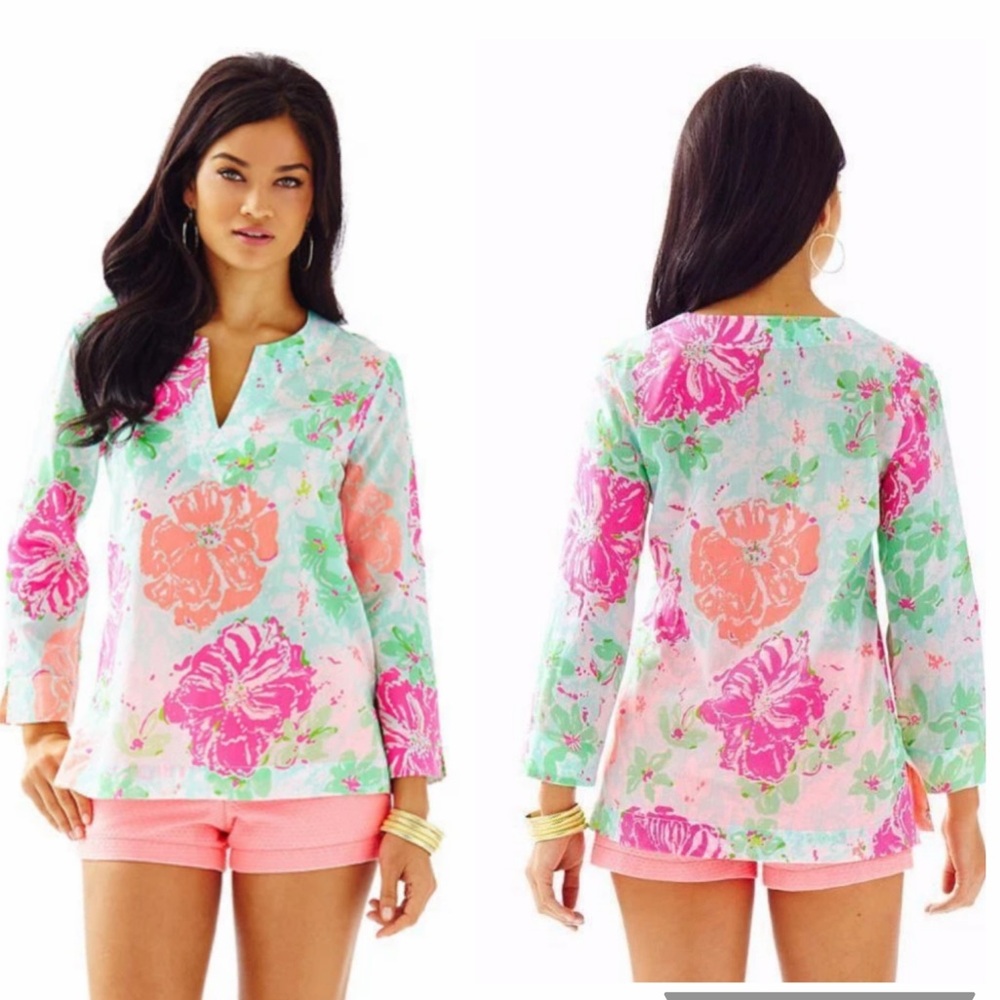 Lilly Pulitzer Amelia Island Tunic Floral Split Neck Poolside Blue Beach Walk XS